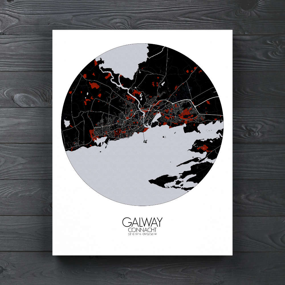 Mapospheres Galway Red dark round shape design canvas city map