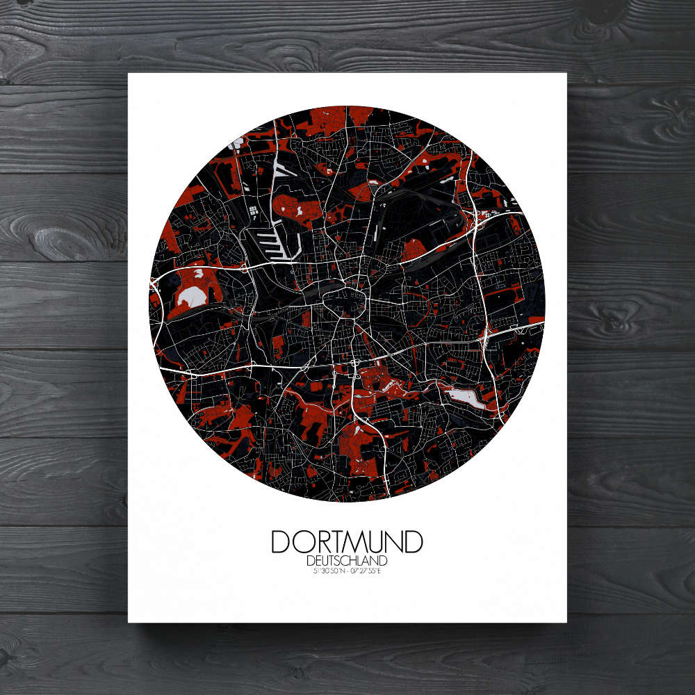 Mapospheres Dortmund Red dark round shape design canvas city map