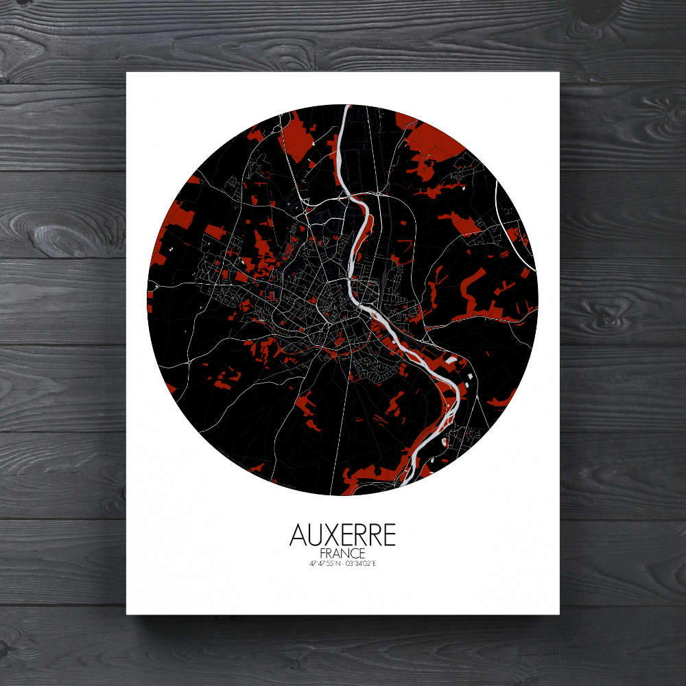 Mapospheres Auxerre Red dark round shape design canvas city map