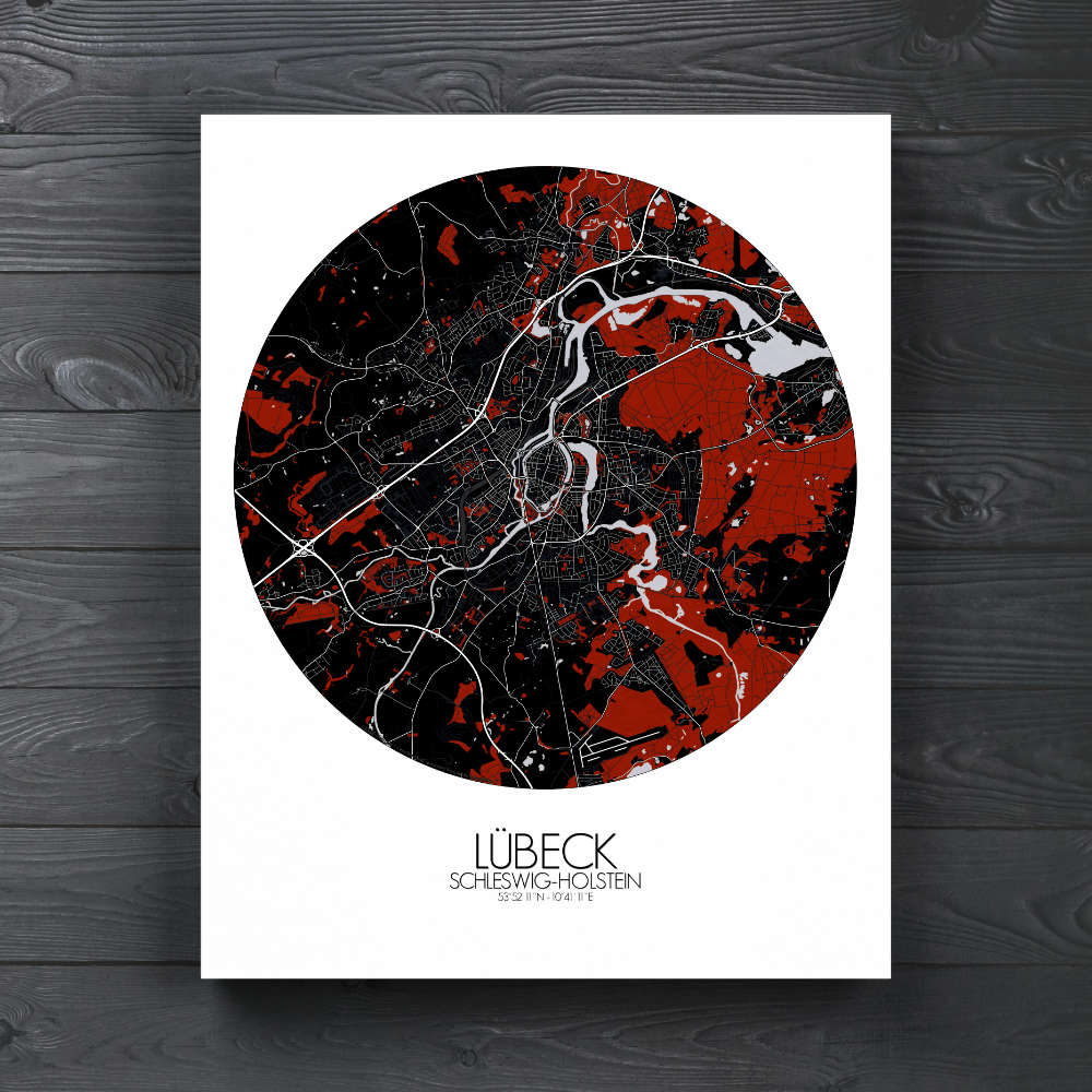 Mapospheres Lubeck Red dark round shape design canvas city map