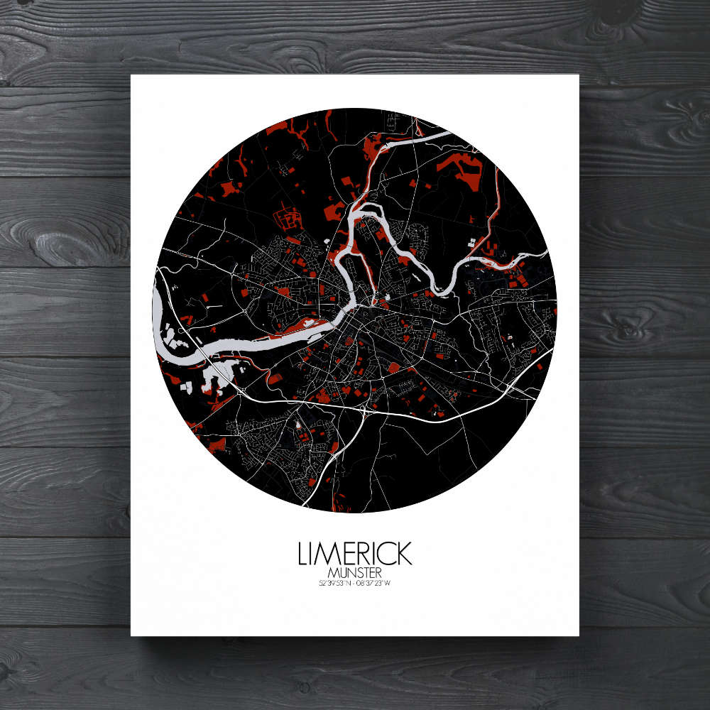 Mapospheres Limerick Red dark round shape design canvas city map