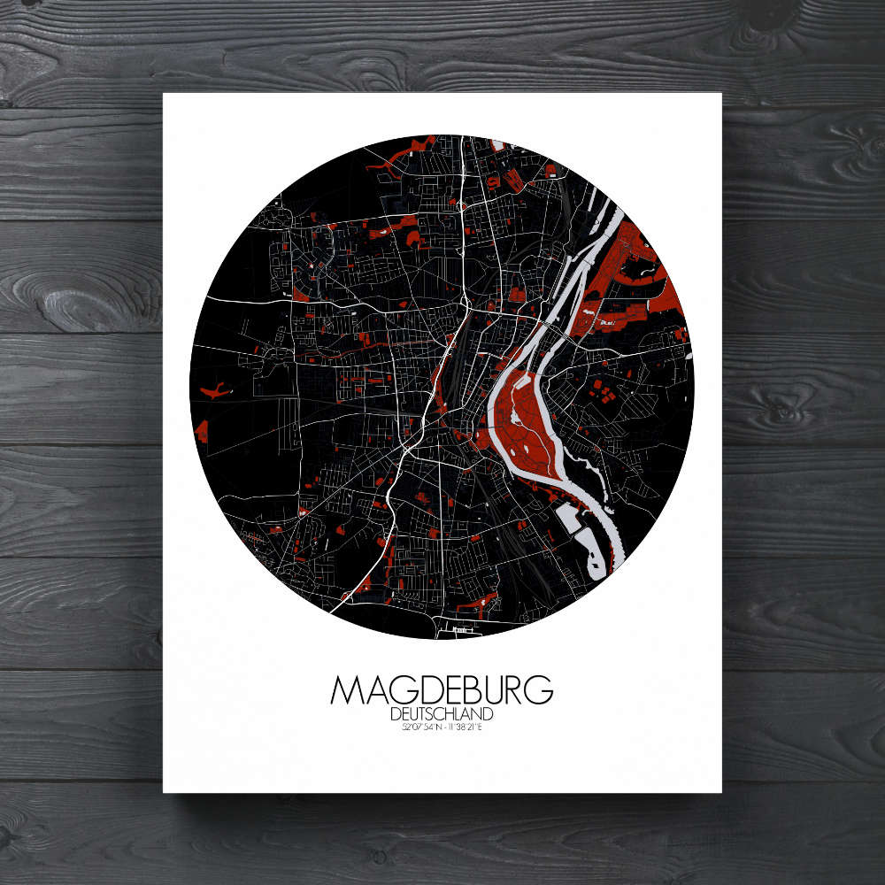 Mapospheres Magdeburg Red dark round shape design canvas city map