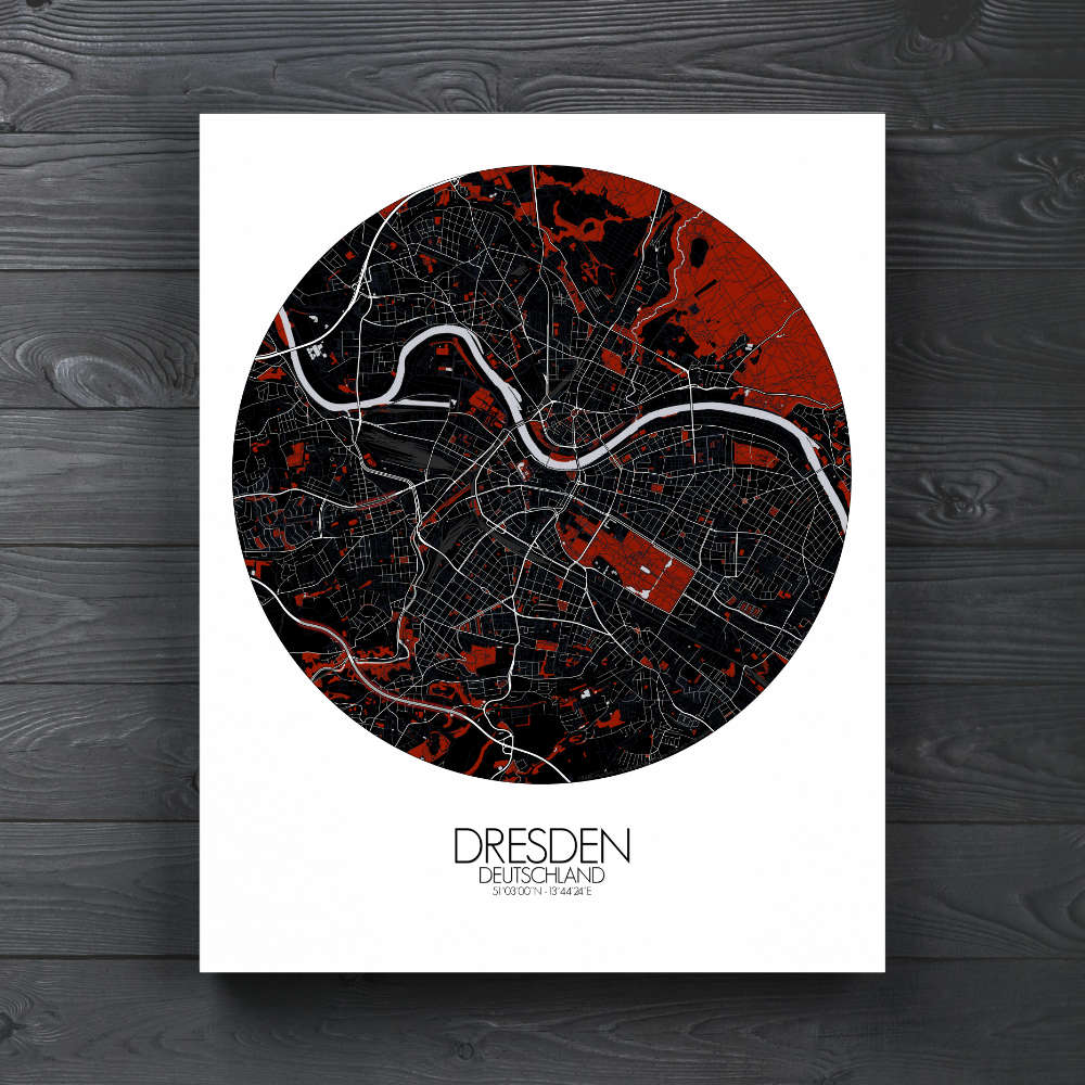 Mapospheres Dresden Red dark round shape design canvas city map