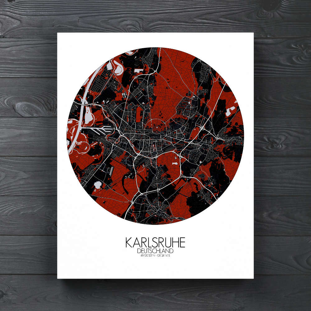 Mapospheres Karlsruhe Red dark round shape design canvas city map