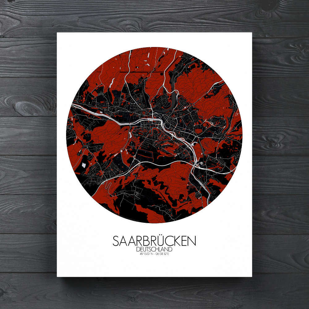 Mapospheres Saarbrucken Red dark round shape design canvas city map