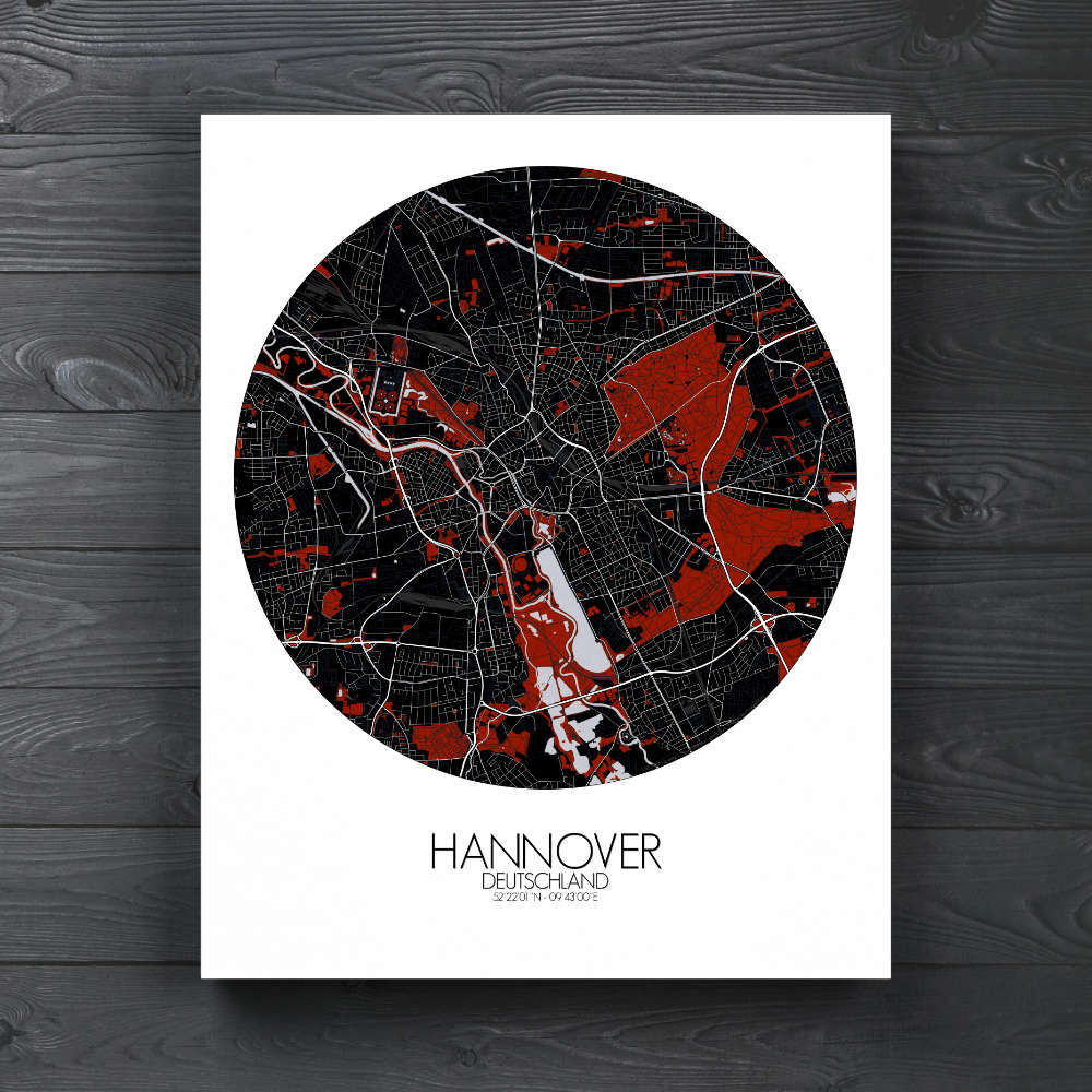 Mapospheres Hanover Red dark round shape design canvas city map