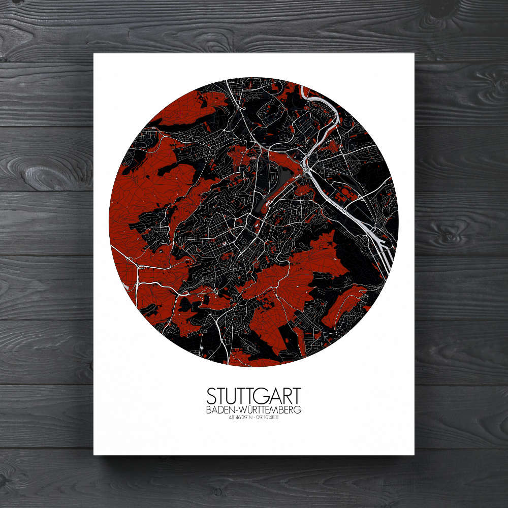 Mapospheres Stuttgart Red dark round shape design canvas city map
