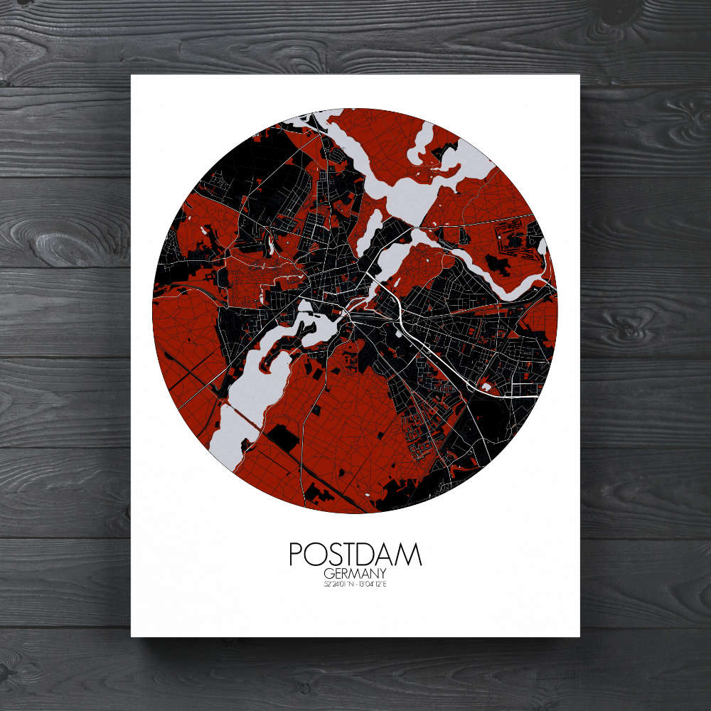 Mapospheres Postdam Red dark round shape design canvas city map