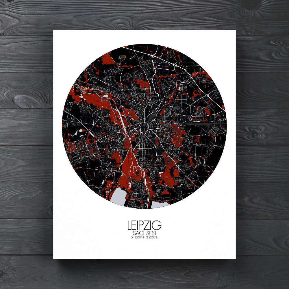 Mapospheres Leipzig Red dark round shape design canvas city map