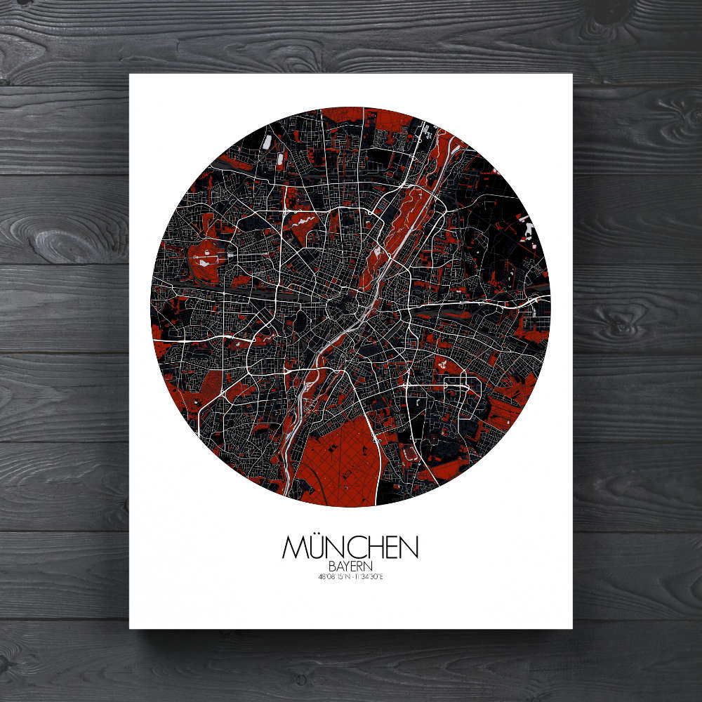 Mapospheres Munich Red dark round shape design canvas city map