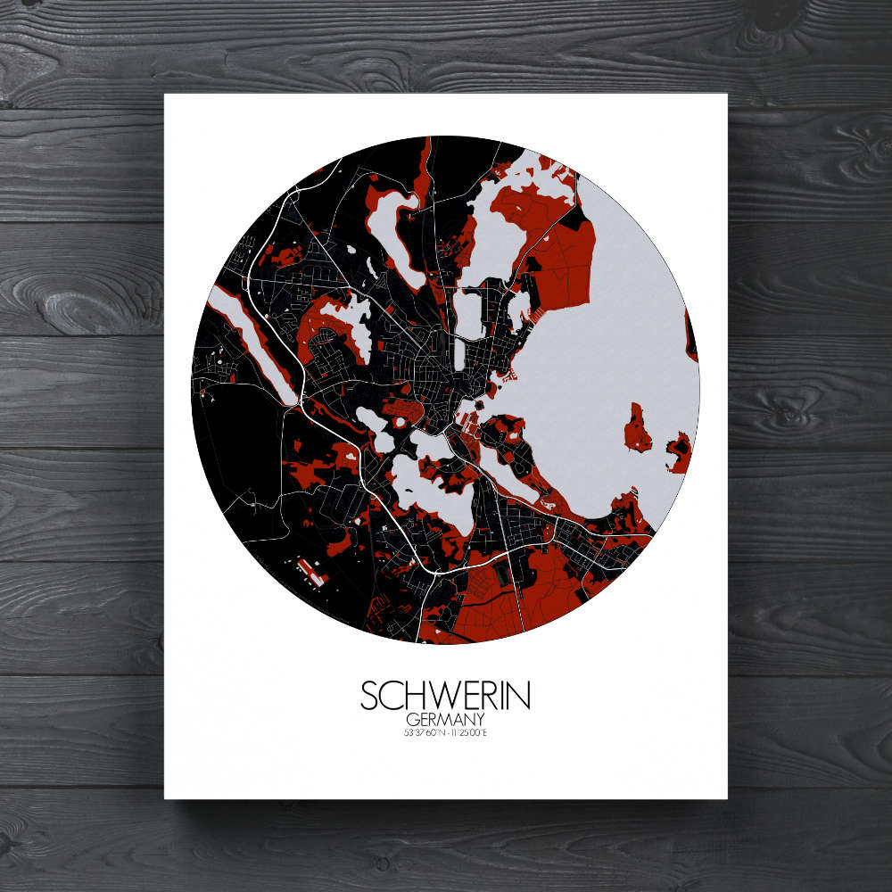 Mapospheres Schwerin Red dark round shape design canvas city map