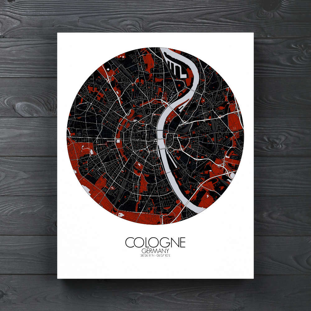 Mapospheres Cologne Red dark round shape design canvas city map