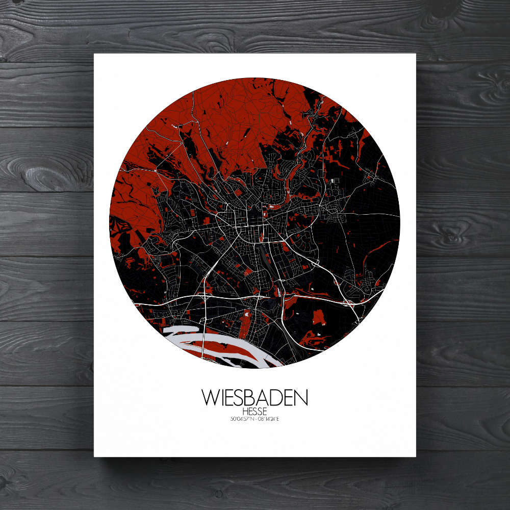Mapospheres Wiesbaden Red dark round shape design canvas city map