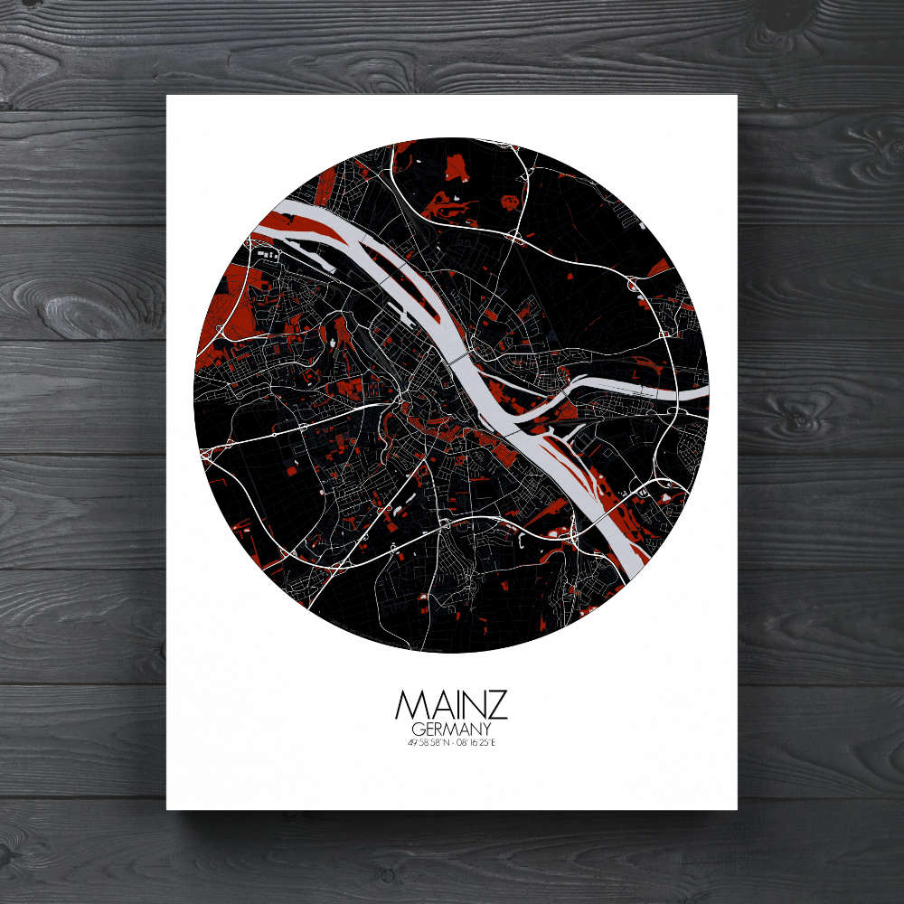 Mapospheres Mainz Red dark round shape design canvas city map
