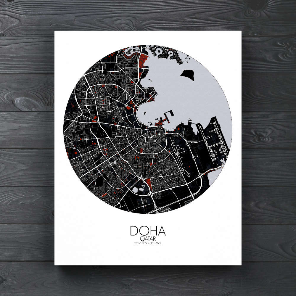 Mapospheres Doha Red dark round shape design canvas city map