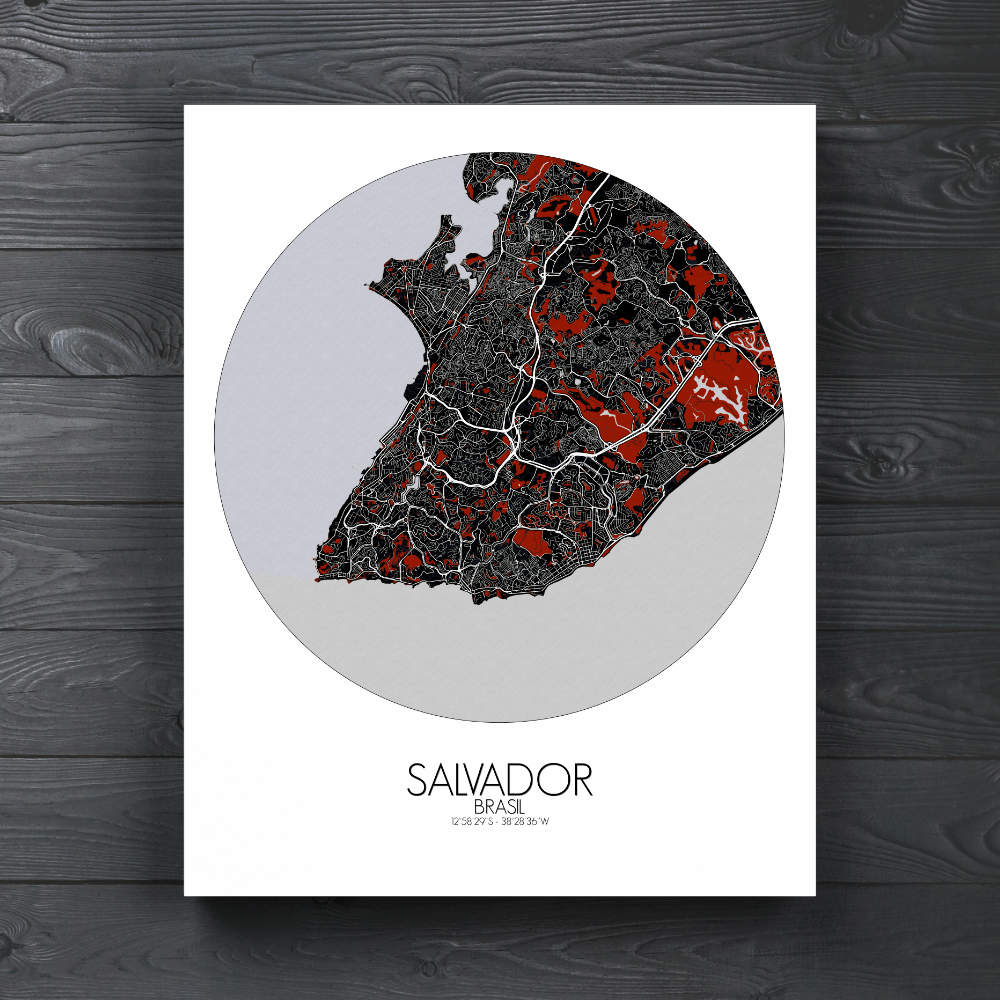 Mapospheres Salvador Red dark round shape design canvas city map