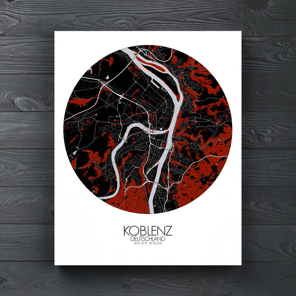 Mapospheres Koblenz Red dark round shape design canvas city map