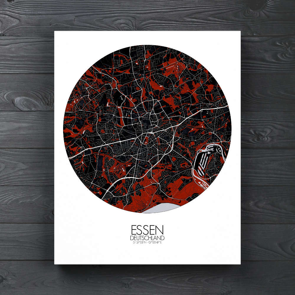 Mapospheres Essen Red dark round shape design canvas city map