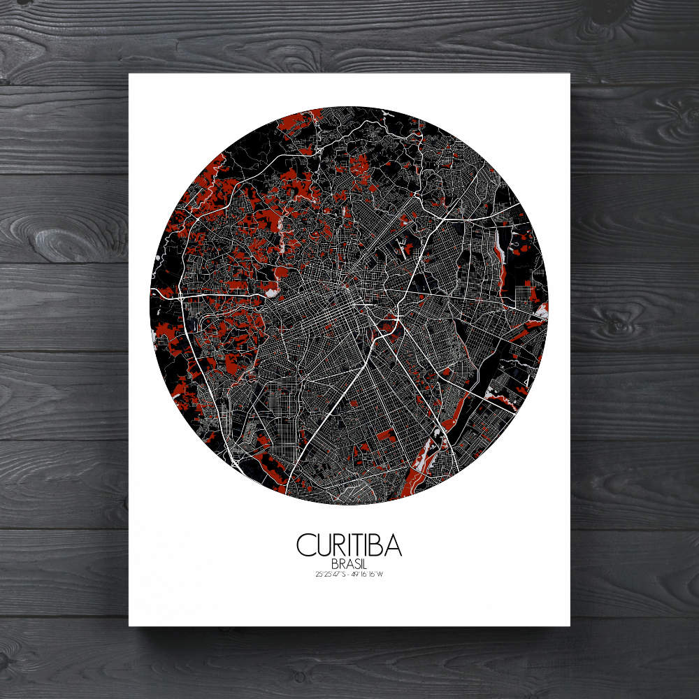 Mapospheres Curitiba Red dark round shape design canvas city map