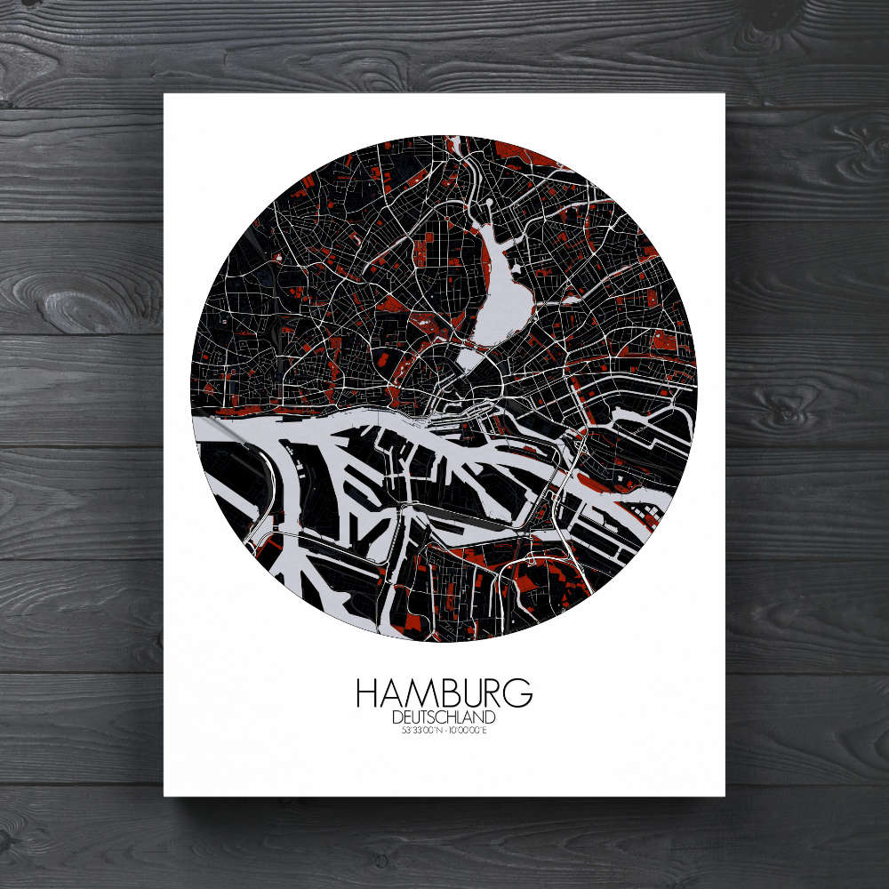 Mapospheres Hamburg Red dark round shape design canvas city map