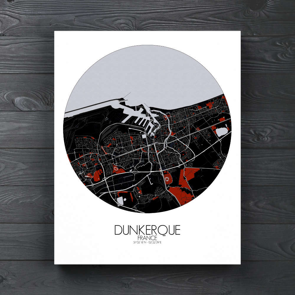 Mapospheres Dunkirk Red dark round shape design canvas city map