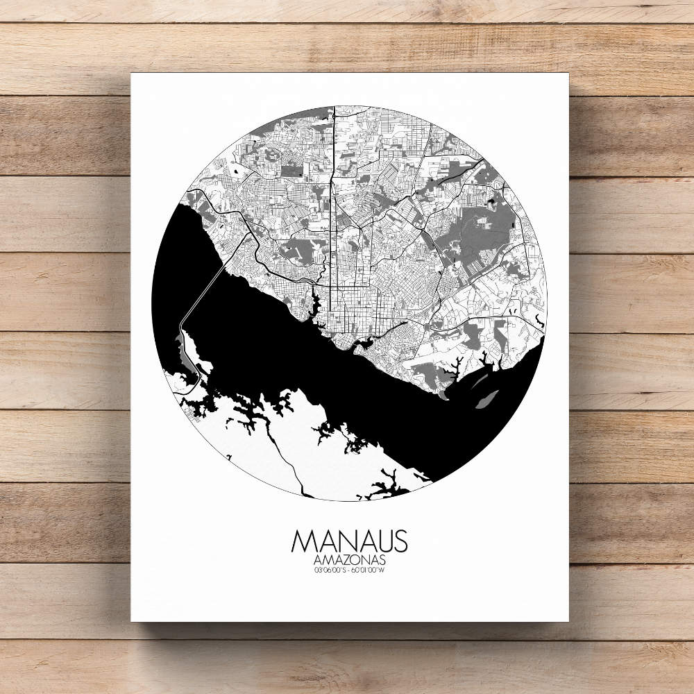 Mapospheres Manaus Black and White  round shape design canvas city map