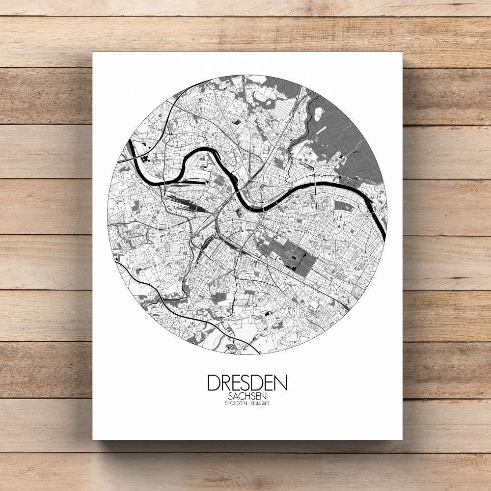 Mapospheres Dresden Black and White  round shape design canvas city map