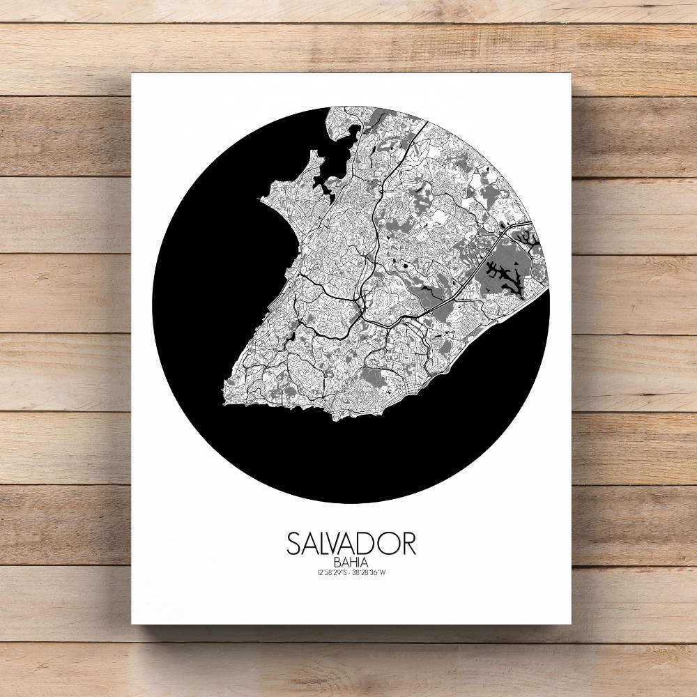 Mapospheres Salvador Black and White  round shape design canvas city map
