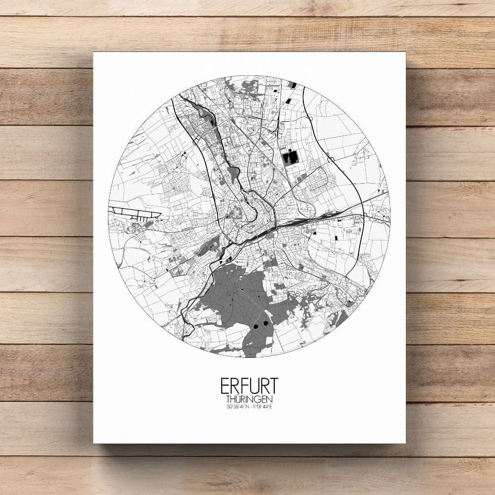 Mapospheres Erfurt Black and White  round shape design canvas city map