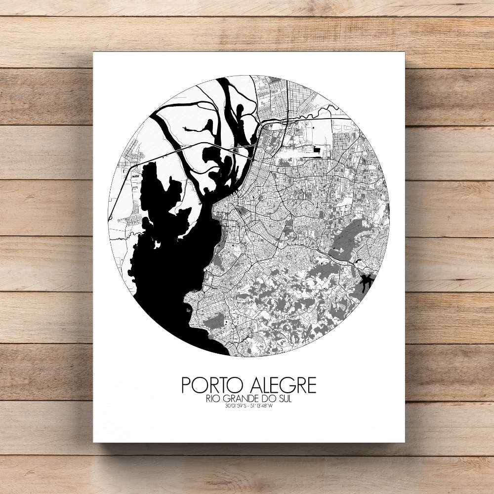 Mapospheres Porto Alegre Black and White  round shape design canvas city map