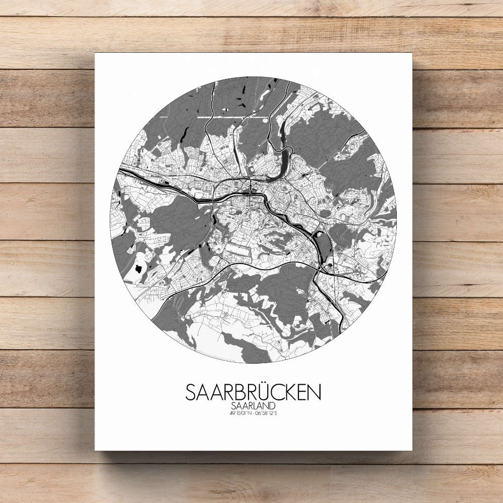 Mapospheres Saarbrucken Black and White  round shape design canvas city map