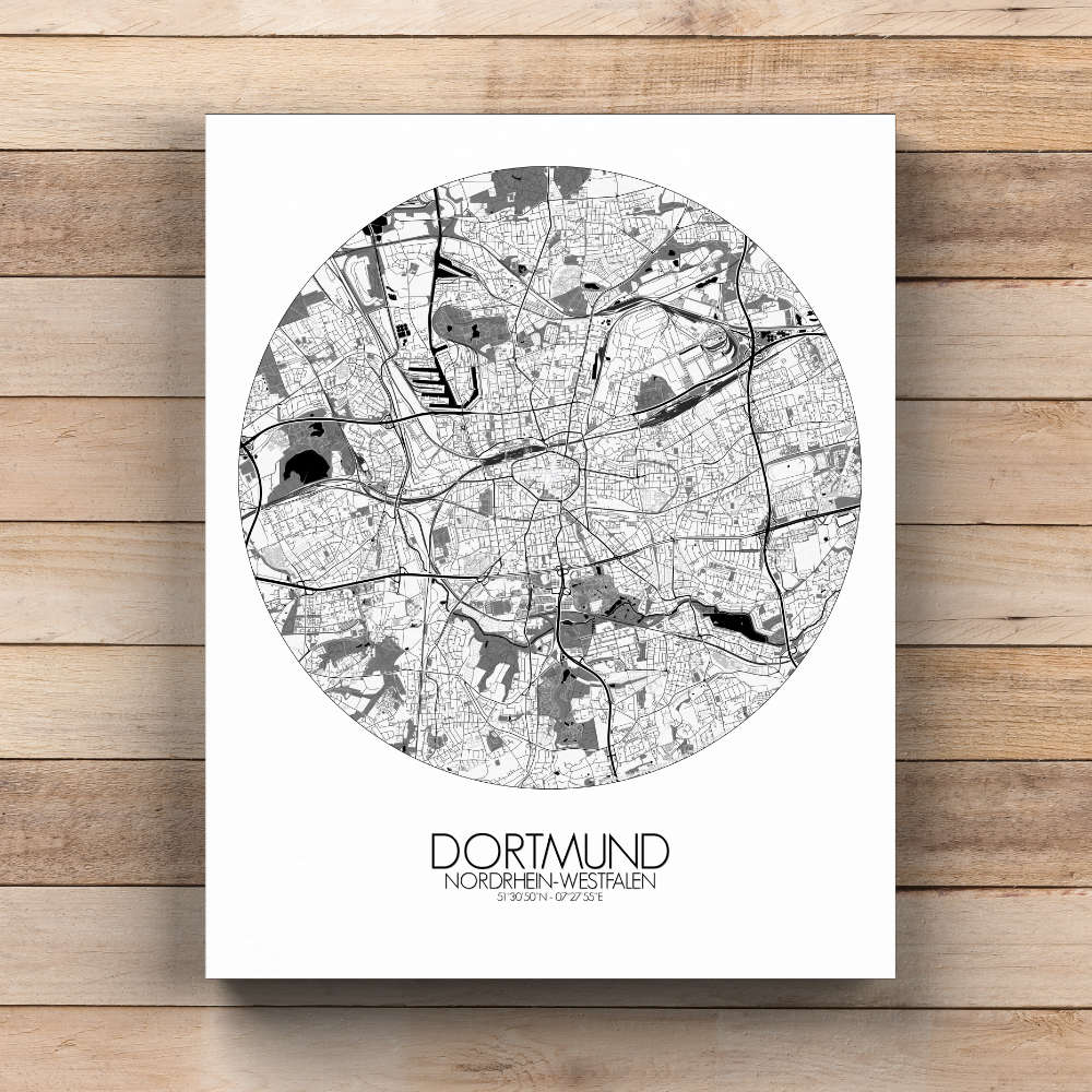 Mapospheres Dortmund Black and White  round shape design canvas city map