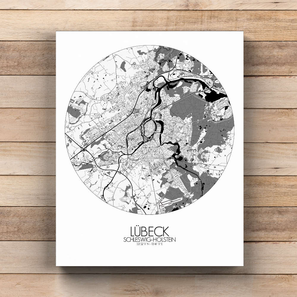 Mapospheres Lubeck Black and White  round shape design canvas city map
