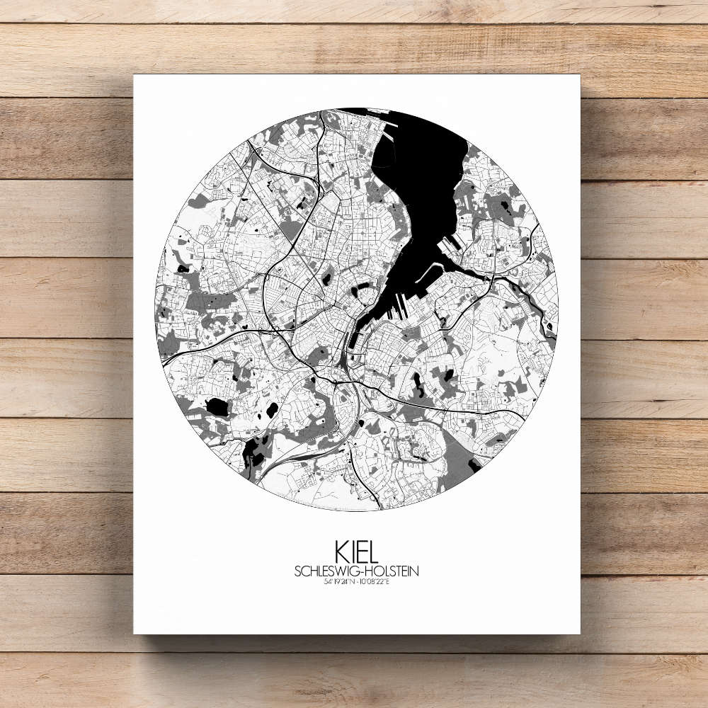 Mapospheres Kiel Black and White  round shape design canvas city map