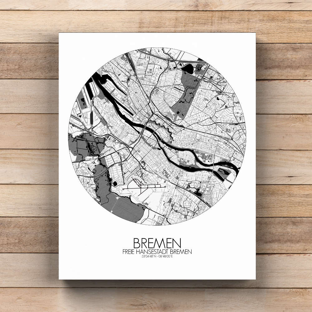 Mapospheres Bremen Black and White  round shape design canvas city map
