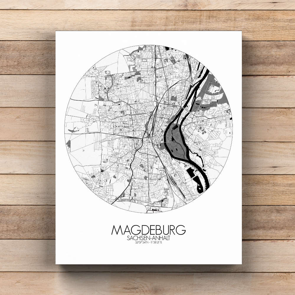 Mapospheres Magdeburg Black and White  round shape design canvas city map