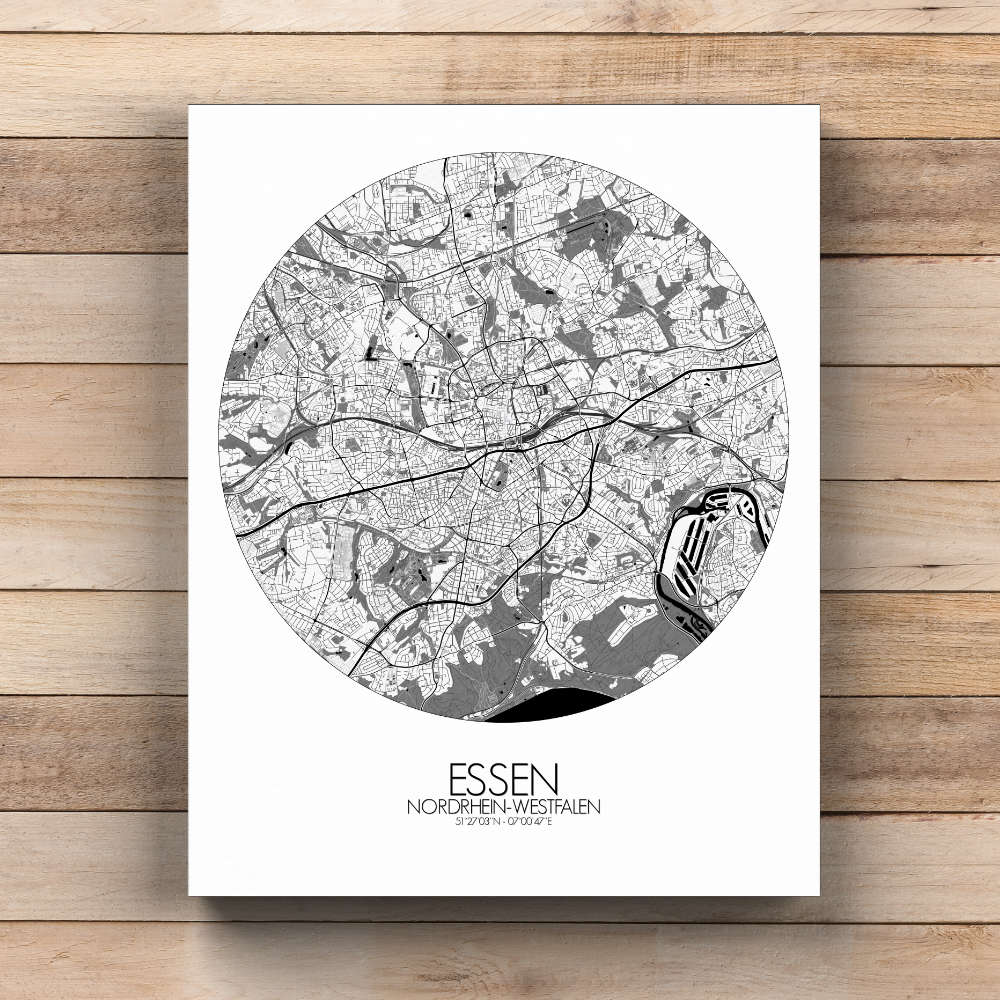 Mapospheres Essen Black and White  round shape design canvas city map