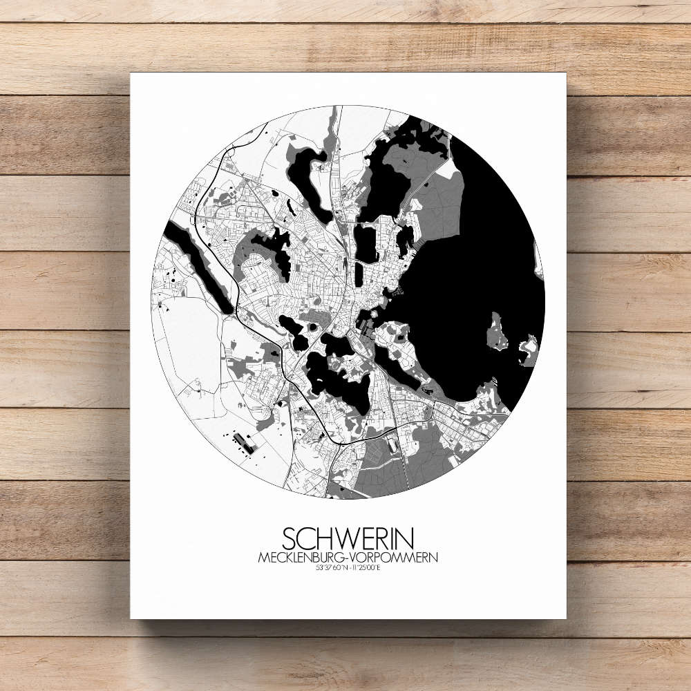 Mapospheres Schwerin Black and White  round shape design canvas city map