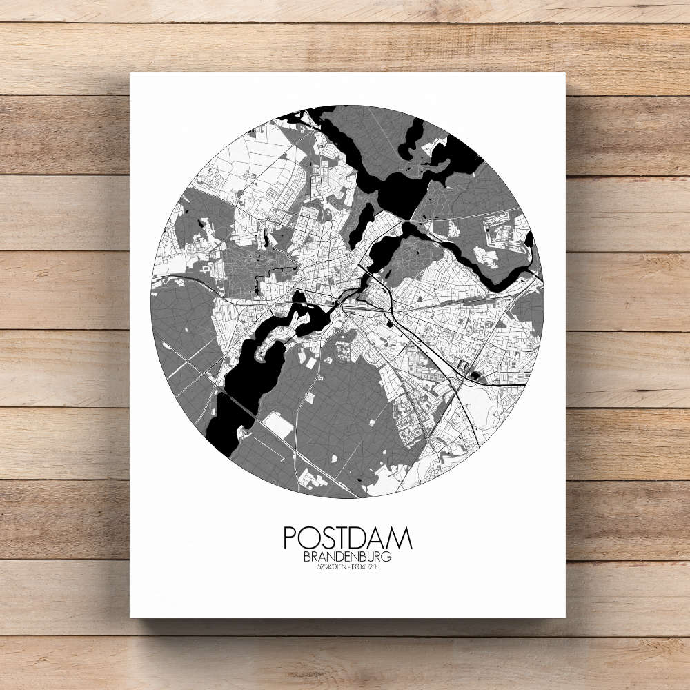 Mapospheres Postdam Black and White  round shape design canvas city map