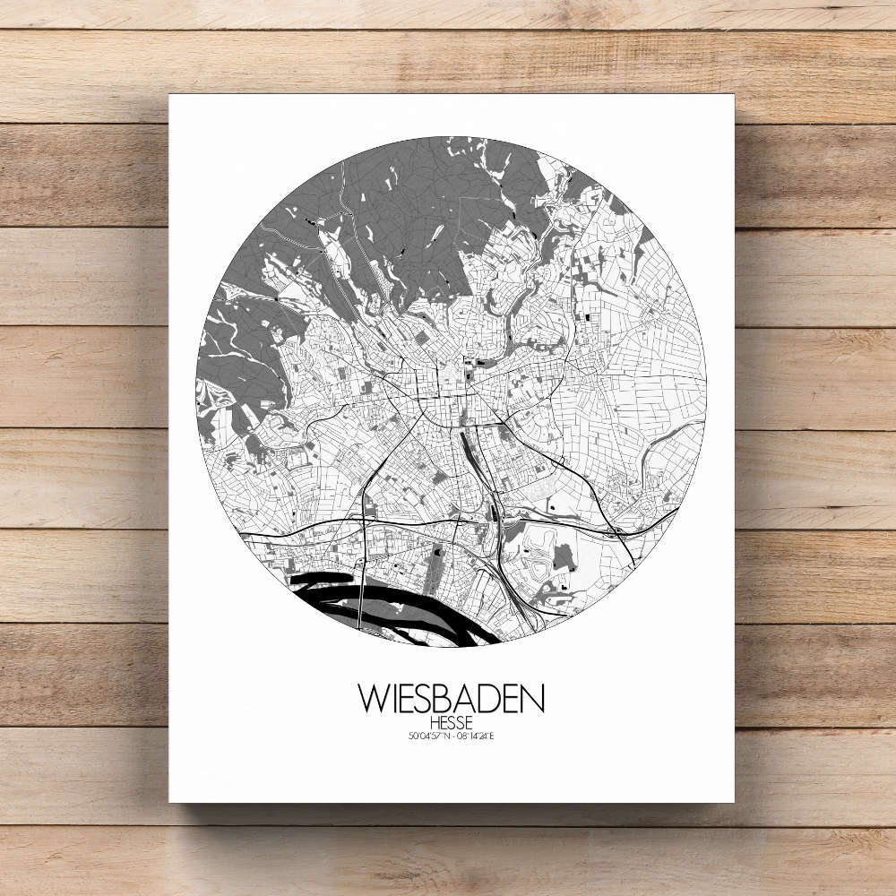 Mapospheres Wiesbaden Black and White  round shape design canvas city map