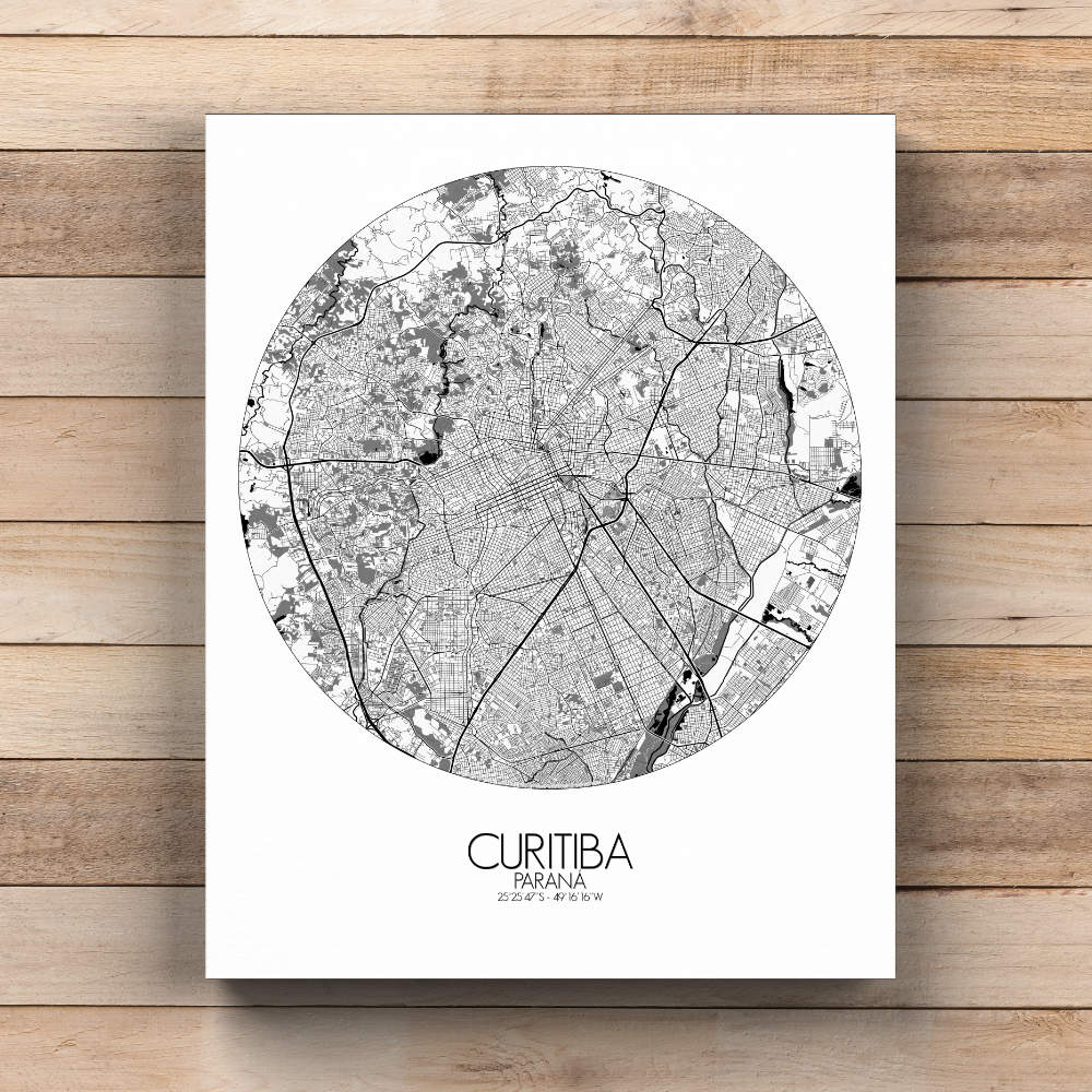 Mapospheres Curitiba Black and White  round shape design canvas city map