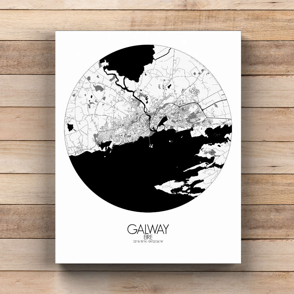 Mapospheres Galway Black and White  round shape design canvas city map