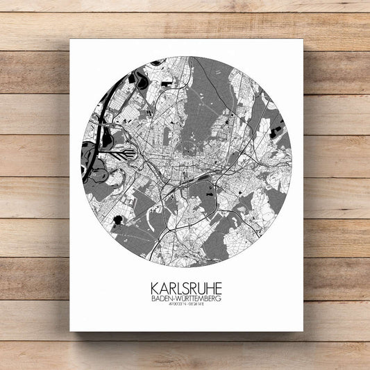 Mapospheres Karlsruhe Black and White  round shape design canvas city map