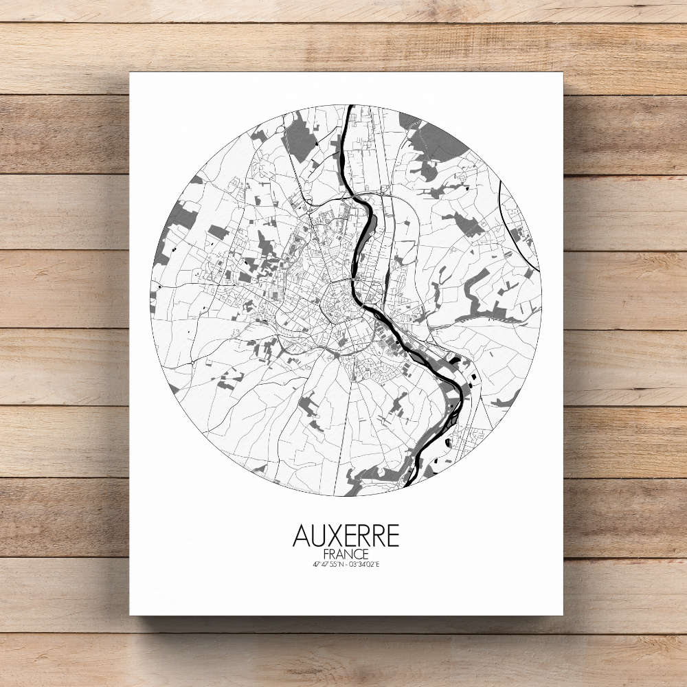 Mapospheres Auxerre Black and White  round shape design canvas city map