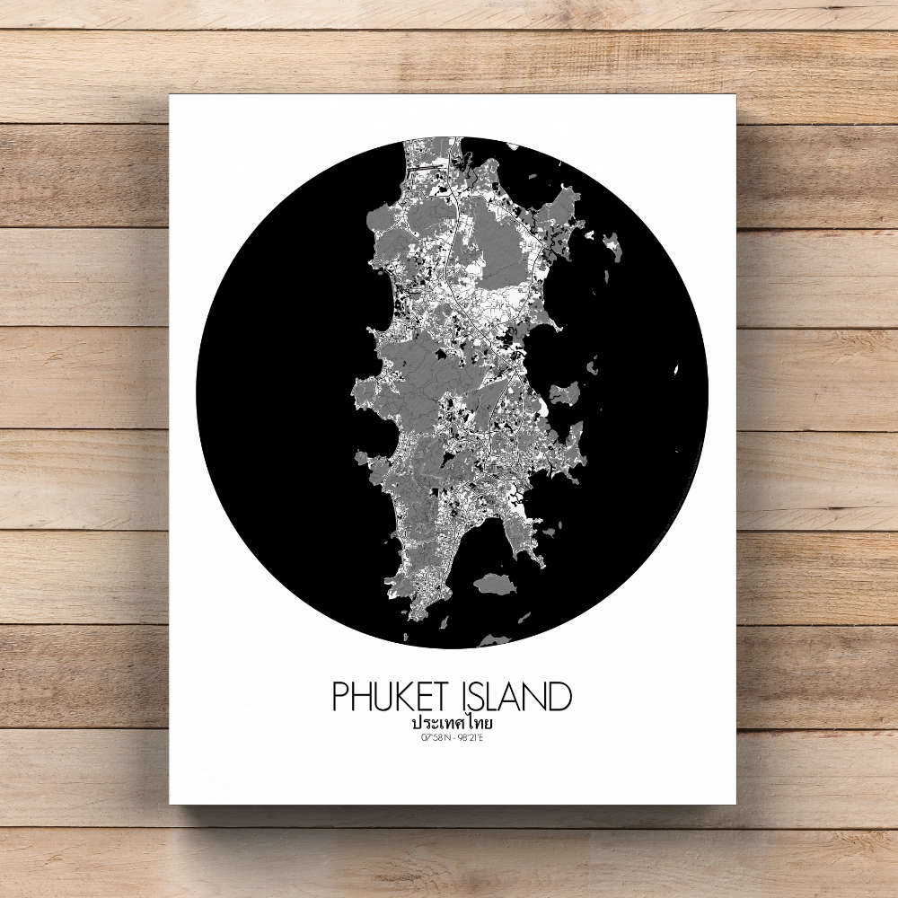 Mapospheres Phuket Black and White  round shape design canvas city map