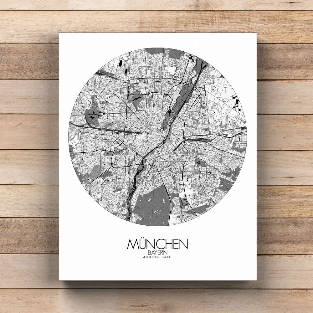 Mapospheres Munich Black and White  round shape design canvas city map