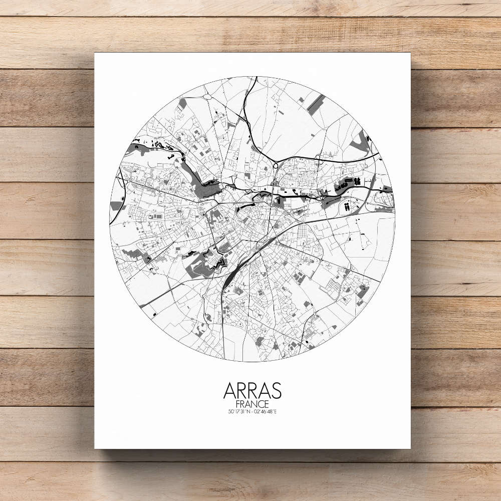 Mapospheres Arras Black and White  round shape design canvas city map