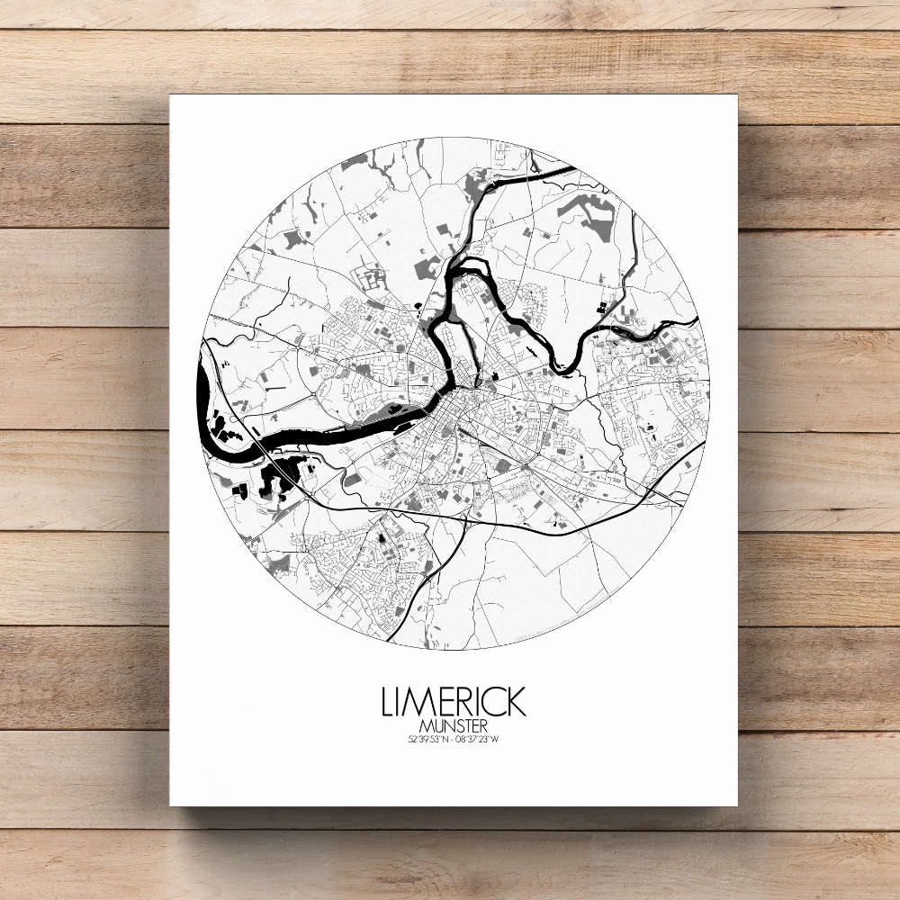 Mapospheres Limerick Black and White  round shape design canvas city map