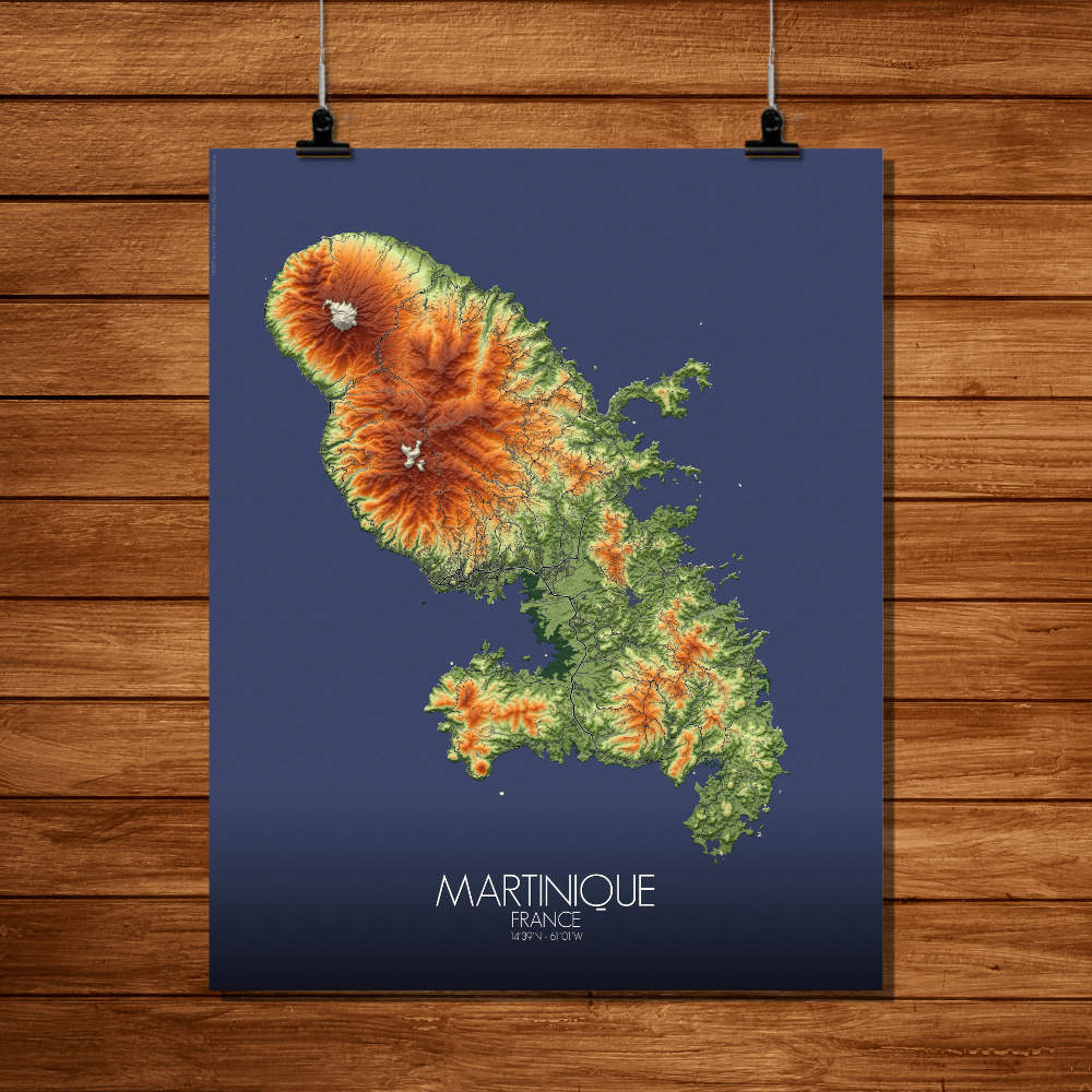 Mapospheres La Martinique Elevation map Full page design Paper map city map