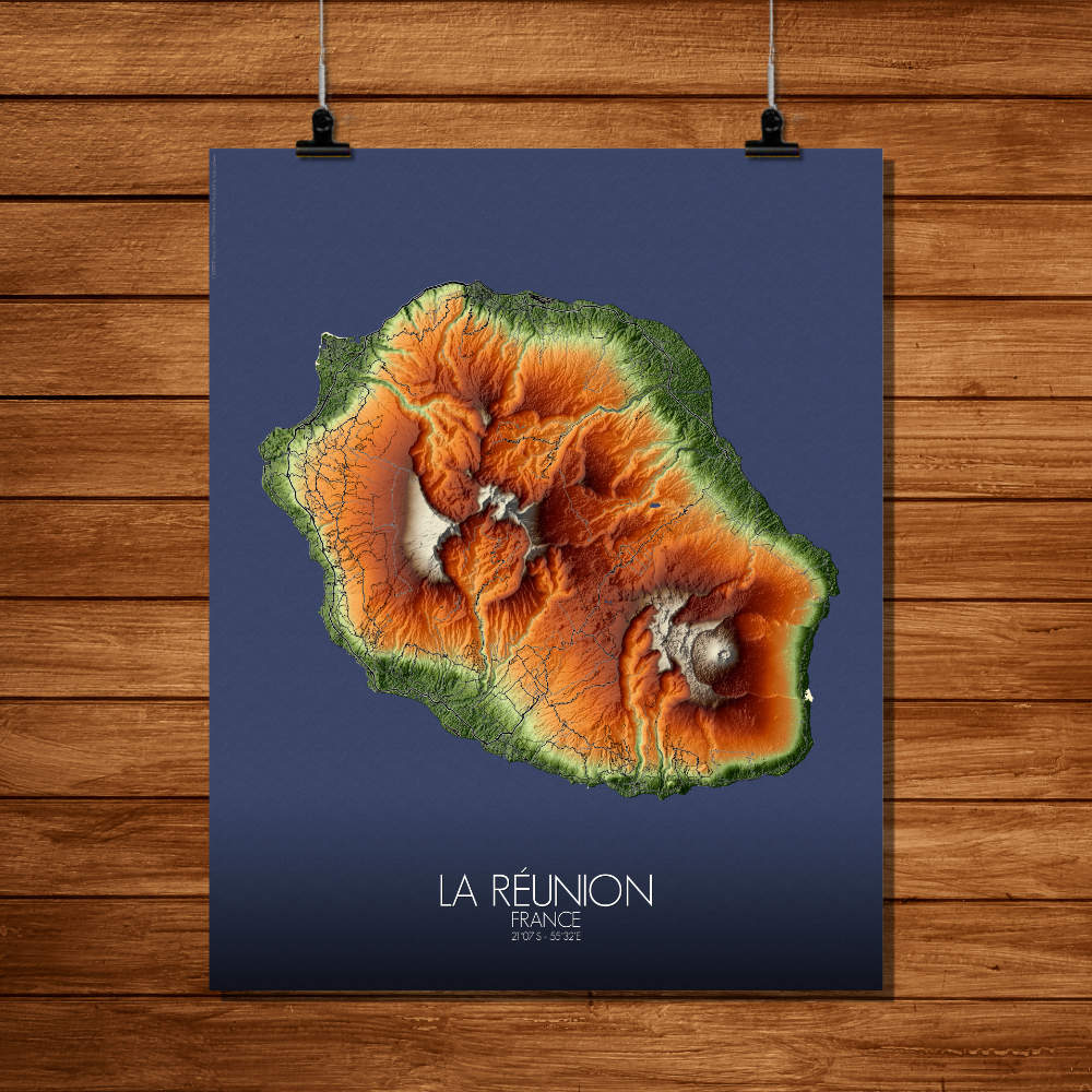Mapospheres La Reunion Elevation map Full page design Paper map city map
